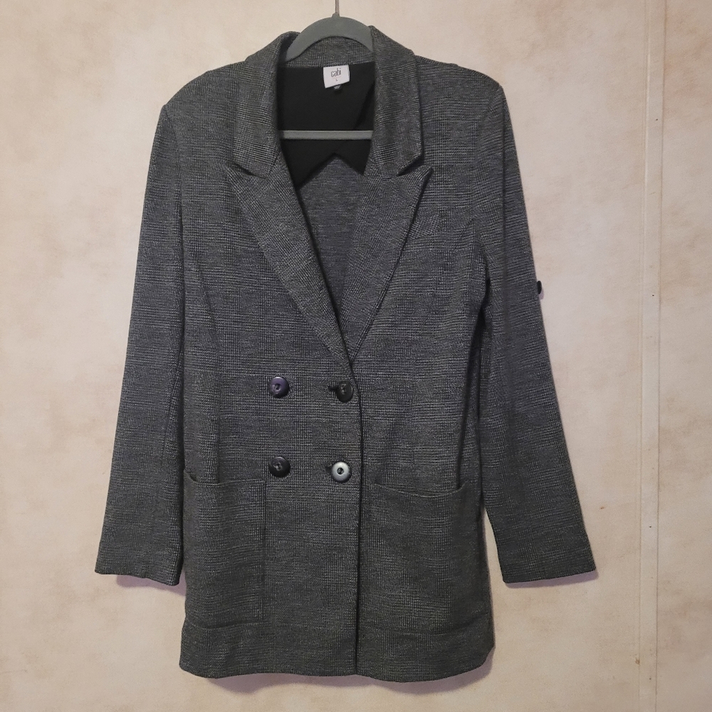 CABI Semi-Fitted Knit Long Double Breasted Blazer Sz L No Lining Plaid Back Gray